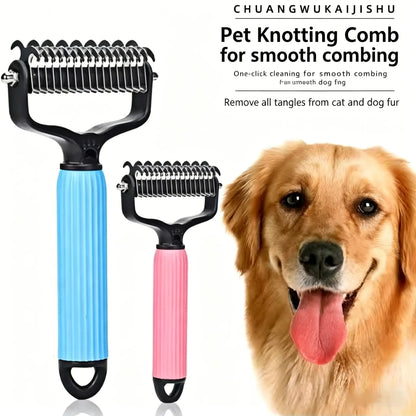 Professional Pet Detangling Comb and Double-Sided Grooming Brush for Dogs and Cats with One-Click Undercoat Rake for Effective Shedding and Mat Removal