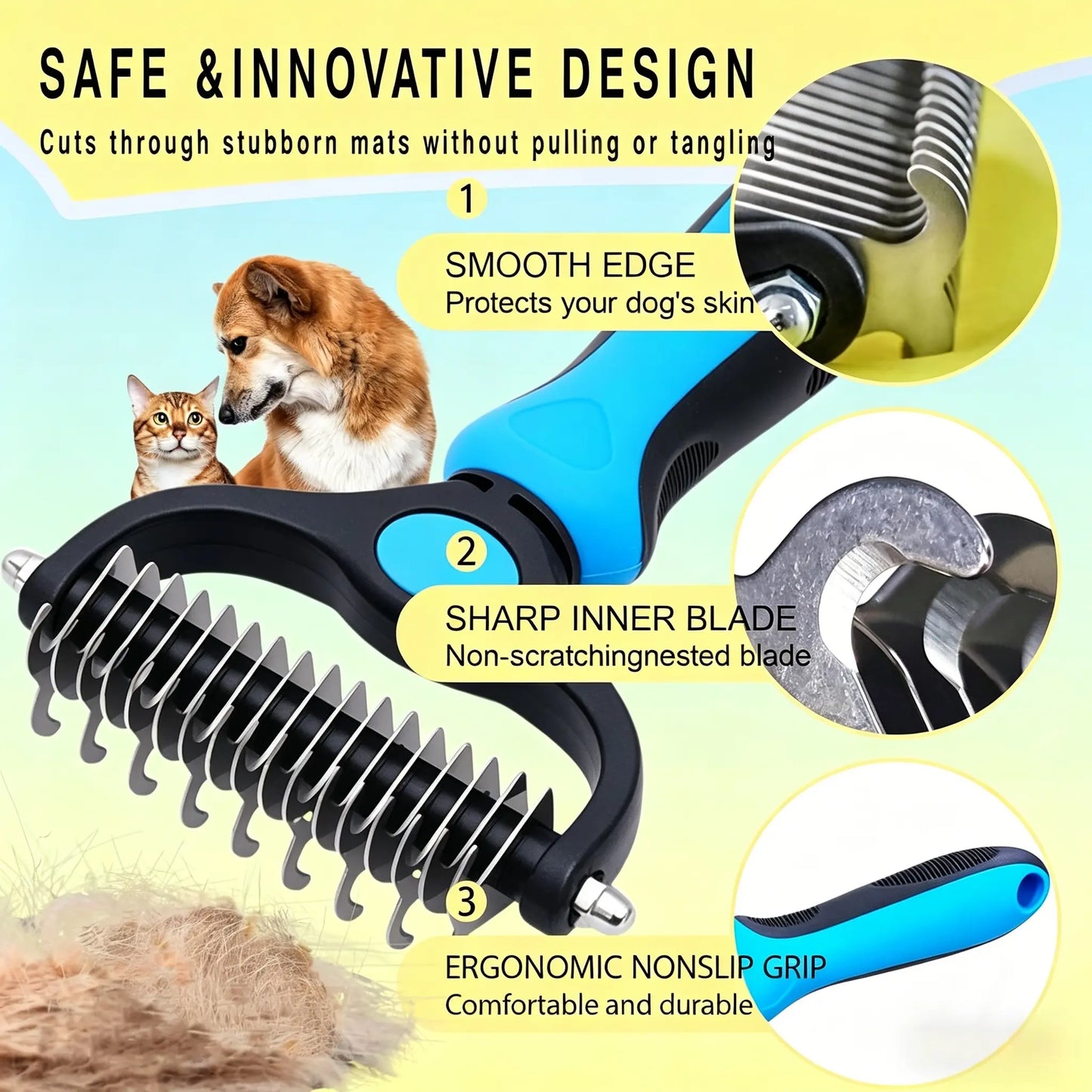 Professional Pet Detangling Comb and Double-Sided Grooming Brush for Dogs and Cats with One-Click Undercoat Rake for Effective Shedding and Mat Removal