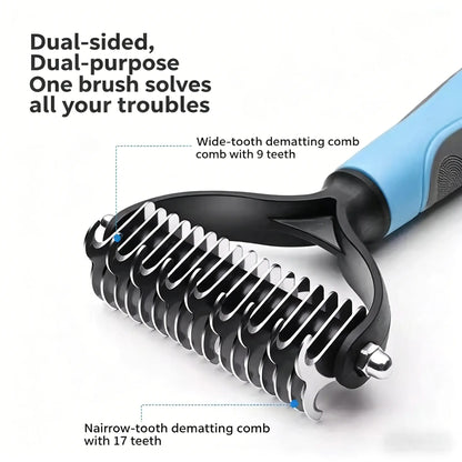 Professional Pet Detangling Comb and Double-Sided Grooming Brush for Dogs and Cats with One-Click Undercoat Rake for Effective Shedding and Mat Removal