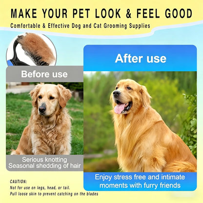 Professional Pet Detangling Comb and Double-Sided Grooming Brush for Dogs and Cats with One-Click Undercoat Rake for Effective Shedding and Mat Removal